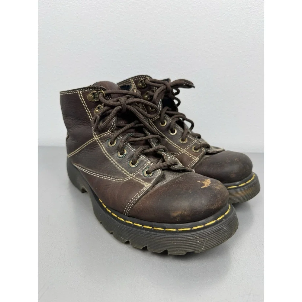 Vintage Dr Martens Boots Mens 10 M Brown Leather Ankle Work Brown Yellow 90s Y2K